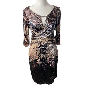 VENUS Women Patterned Velvet 3/4 Sleeve Stretch Tight Mini Dress Sz M Brown 68-6